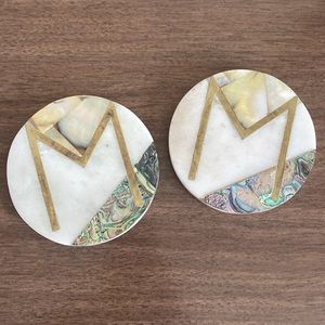 Anthropologie Marina Monogram Coaster Initial Letter M marble pearl pair set 2